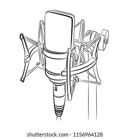 Microphone to enhance the sound, add volume. Used in the media. Image on a white background, linear, vector drawing. 