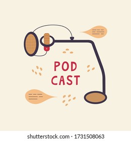 Microphone with filter and stand. Listening to the radio, podcast. Media hosting. Sound recording equipment. Speech bubble. Vector illustration with the inscription