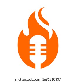Microphone and fire flame logo template, burning mic icon