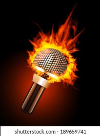Microphone in Fire Isolated on Black Background. Vector illustration