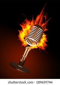 Microphone in Fire Isolated on Black Background. Vector illustration