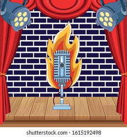 microphone flame stage spotlight stand up comedy show vector illustration