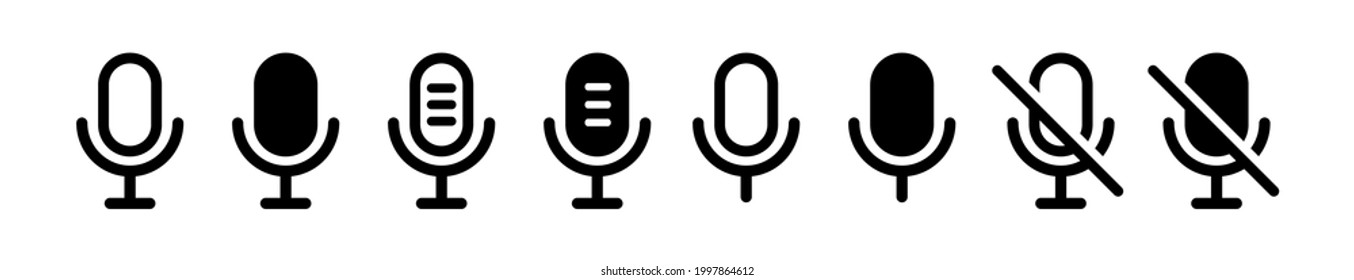 Microphone flat icon collection. Studio different simple icons set. Sound symbol. Retro button isolated. Audio podcast sign. 
