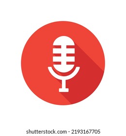 Microphone Flat Icon On Round Button In Long Shadow Style.