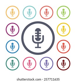 microphone flat icons set. Open colorful buttons 