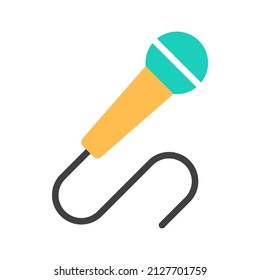 Icono de línea plana de micrófono aislado en fondo blanco. Logo del micrófono de karaoke. Diseño de esquema de señas de micrófono profesional. Elemento tecnológico para el concierto de performance. Ilustración vectorial del equipo de música de color.