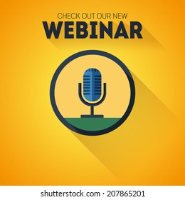 Microphone flat vector icon with long shadow and text Check out our new webinar on yellow background