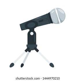 Microphone flat vector illustration. Mic on stand. Audio technology, loudspeaker. Singers, karaoke microphone. Sound recording, radio broadcasting equipment isolated design element