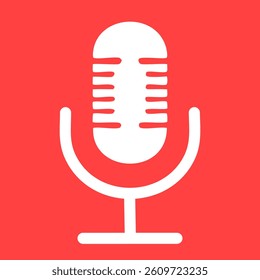 Microphone flat white color icon isolated on red background. Audio broadcast device, technology vector illustration.