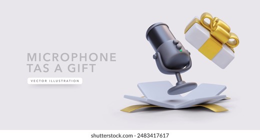 Microphone flies out of the gift box in 3D cartoon style isolated on light background. Vector illustration