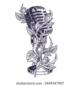 Microphone with flowers element monochrome with metal micro in retro style and roses with weaving stem vector illustration