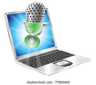 A microphone flying out of laptop screen. Concept for anything relating to online or computer recordings or music