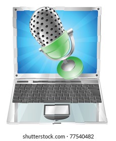 A microphone flying out of laptop screen. Concept for anything relating to online or computer recordings or music