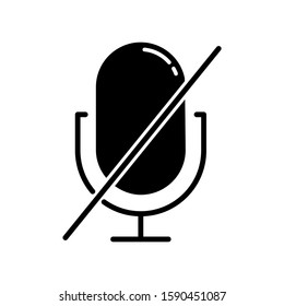 Microphone forbidden glyph icon. Sound recorder error notification. Recording prohibited. Voice speaker installation mistake. Silhouette symbol. Negative space. Vector isolated illustration