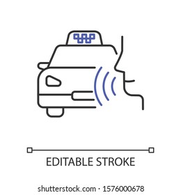 Microphone forbidden linear icon. Sound recorder error notification. Recording prohibited. Audio mic. Thin line illustration. Contour symbol. Vector isolated outline drawing. Editable stroke