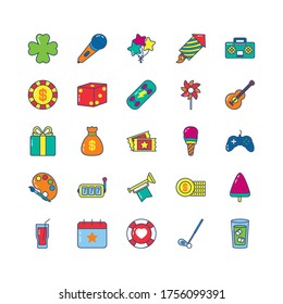 microphone and gambling icon set over white background, line and fill style, vector illustration
