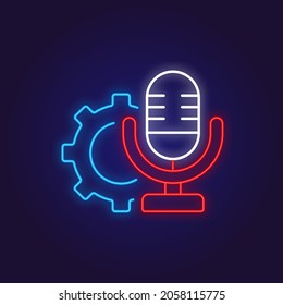 Microphone with gear color neon icon. Podcast. Thin line symbols. Isolated vector illustrations.