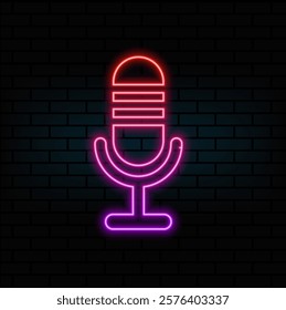 Microphone. Glowing neon icon on brick wall background