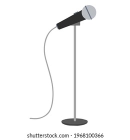 Microphone. Gray mic on stand. Talk icon and stand-up performances. Show and electronic device with a long cord. Flat cartoon illustration