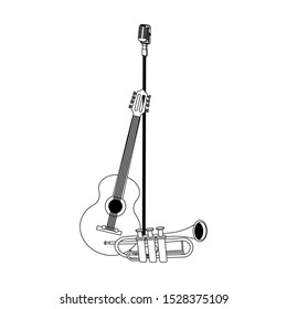 microphone with guitar and trumpet over white background, vector illustration