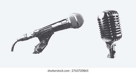 Microphone halftone stipple elements with photocopy effect Grunge punk dotted stickers for collage, modern retro vector illustration for poster, print, music cover