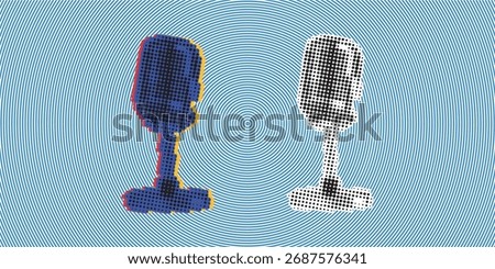 Microphone halftone vector illustration with chromatic aberration. Two microphones on concentric background. Sound recording equipment.