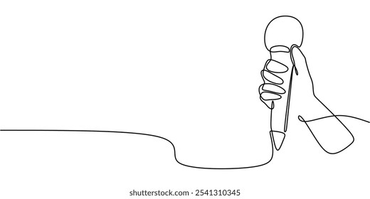 Microphone in Hand. Continuous One Line Drawing Illustrating Entertainment Concept in Minimalist Design.