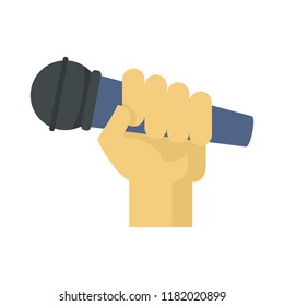 Microphone in hand icon. Flat illustration of microphone in hand vector icon for web design