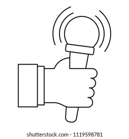 Microphone in hand icon. Outline microphone in hand vector icon for web design isolated on white background