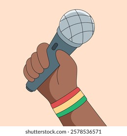 Microphone Hand Illustration:  A powerful illustration of a hand gripping a microphone, radiating energy and readiness for a captivating performance. The hand is adorned with a colorful bracelet.