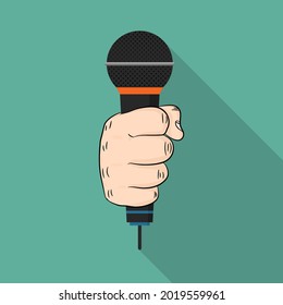 Microphone in the hand of a man. Vector illustration. A man holding a microphone. Interview concept