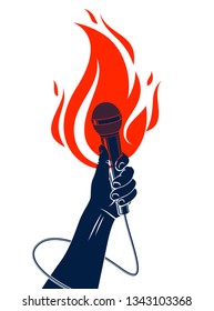 Microphone in hand on fire, hot mic in flames live show, rap battle rhymes music, concert festival or night club label, karaoke singing or standup comedy, vector logo, t-shirt print.