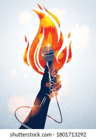 Microphone in hand on fire, hot mic in flames live show, rap battle rhymes music, concert festival or night club label, karaoke singing or standup comedy, vector logo, t-shirt print.