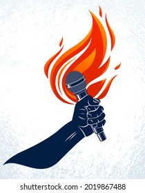 Microphone in hand on fire, hot mic in flames live show, rap battle rhymes music, concert festival or night club label, karaoke singing or standup comedy, vector logo, t-shirt print.