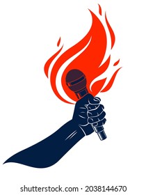 Microphone in hand on fire, hot mic in flames live show, rap battle rhymes music, concert festival or night club label, karaoke singing or standup comedy, vector logo, t-shirt print.