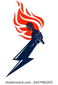 Microphone in hand on fire and lightning, hot mic in flames and bolt, rap battle rhymes music, concert festival or night club label, karaoke singing or standup comedy, vector logo.