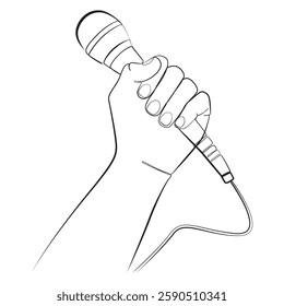 Microphone in hand one line drawing on white isolated background