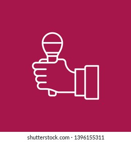 Microphone in Hand outline vector concept icon on red background