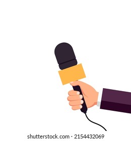 Micrófono en mano para encuesta, preguntas y preguntas. Mantén el micrófono en mano para la entrevista, las noticias y la transmisión de televisión. Concepto de reportero, periodismo, medios de comunicación y conferencia de prensa. Vector.