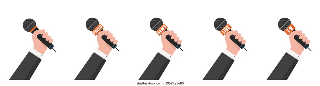 Microphone in hand. Set of icons. Press, news, live and TV microphones. Vector illustration. Live report concept