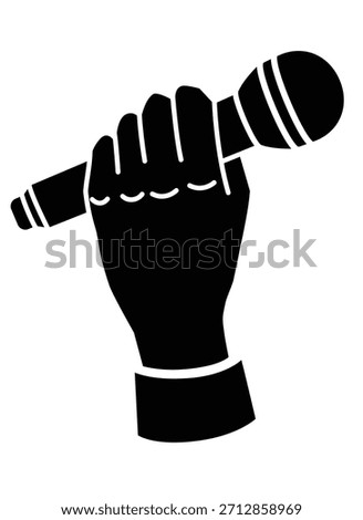 Microphone in hand. A hand with a shirt cuff holding a microphone - vector silhouette for a stencil, logo, or pictogram. Hand with a microphone silhouette icon.