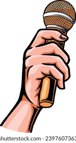 Microphone in hand. vector illustration of Hand holding a mic.