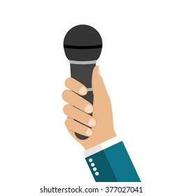 Microphone in hands of man. Vector illustration of a flat design. Icon be used  journalist, speaker, singing karaoke.