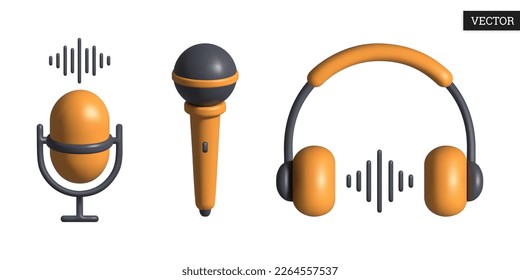 Micrófono, auriculares 3d iconos vectoriales establecidos. Equipo de audio para transmisiones y entrevistas. Elementos de diseño brillante. Ilustración vectorial.