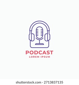 Microphone and headphone badge linear style logo design. Audio podcast symbol logo icon
