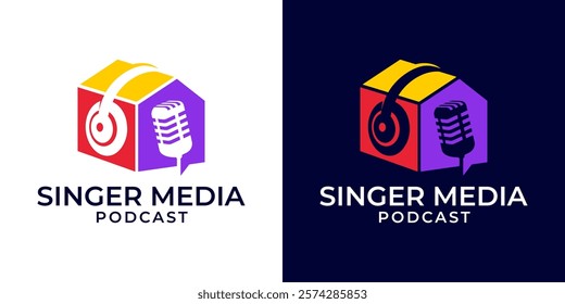 Microphone and headphone logo icon inside a house for Sound recording studio, vocal course, composer. Singer karaoke music logo design illustration. Musician artist celebrities logo template.