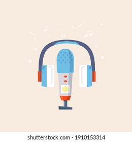 Microphone, headphone,  vector icon for podcast, media hosting. Design template set for recording studio symbol, logo, emblem and label. Voice sign trendy illustration