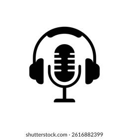 Microphone with Headphones Icon for Audio Recording and Monitoring Devices - Black Design