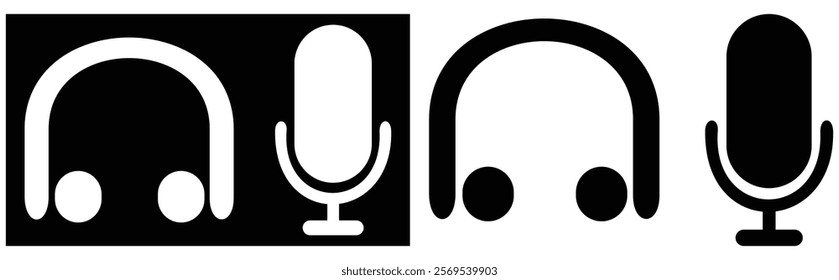 Microphone and headphones icon set. simple black and white icons for podcast, voice, recording, and more app and website. vector illustration on transparent background