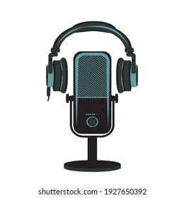 Microphone and headphones, podcast concept, vector illustration, flat design.